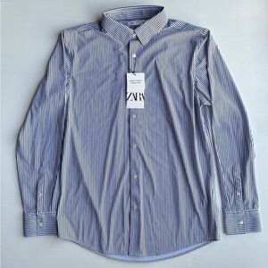NEW ZARA STRIPED STRETCH SHIRT NAVY / WHITE | 7545/407